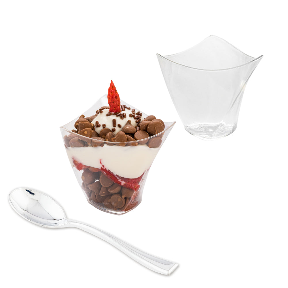 Mini Serve 100 4 oz Clear Plastic Mini Crescendo Cups and 100 Silver Plastic 4" Mini Spoons