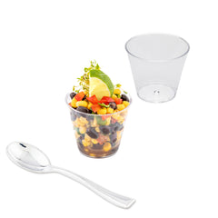 Mini Serve 100 4 oz Round Clear Plastic Arco Dessert Cups and 100 Silver Plastic 4