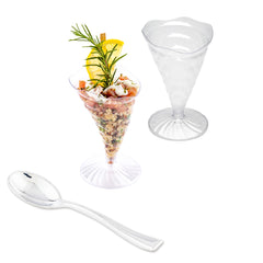 Mini Serve 100 3 oz Clear Plastic Nautilus Appetizer Cones and 100 Silver Plastic 4