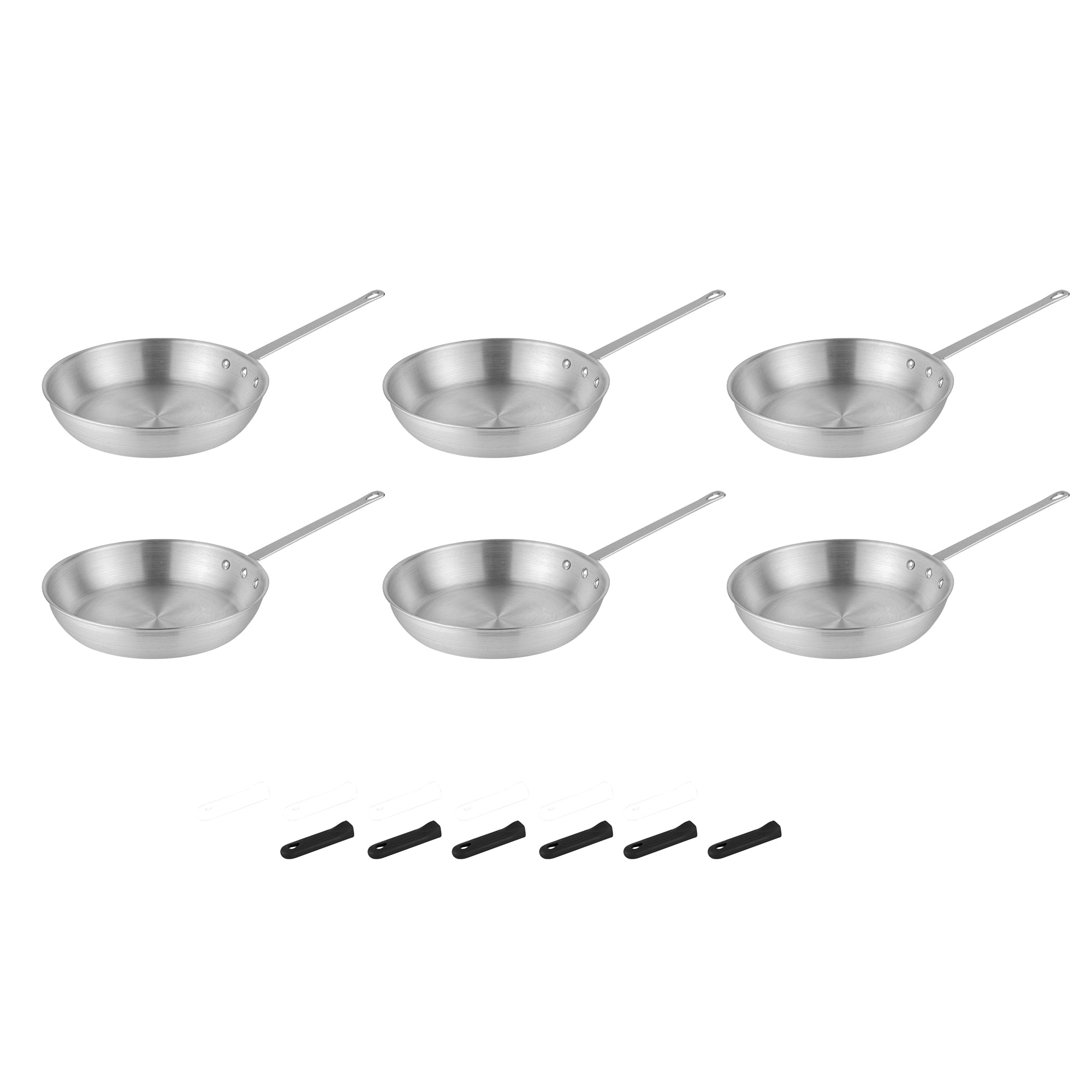 Met Lux 6 Aluminum 12" Fry Pans and 6 Black Silicone Pan Handle Sleeves