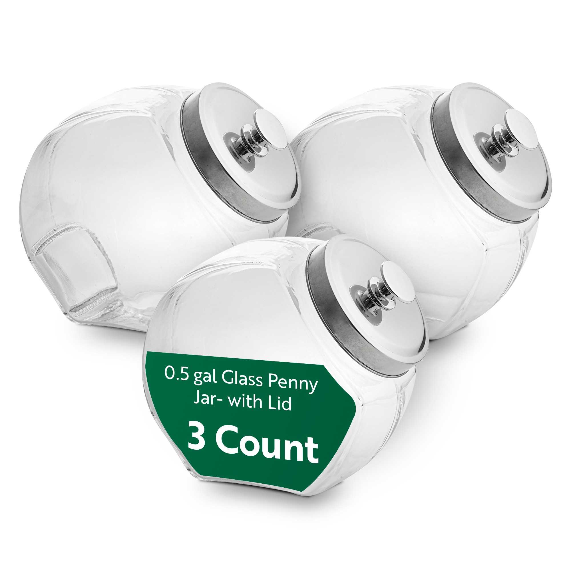 Bundle: 3 Vetri 0.5 gal Glass Penny Jar - with Chrome Lid - 4" x 4" x 7 1/2"