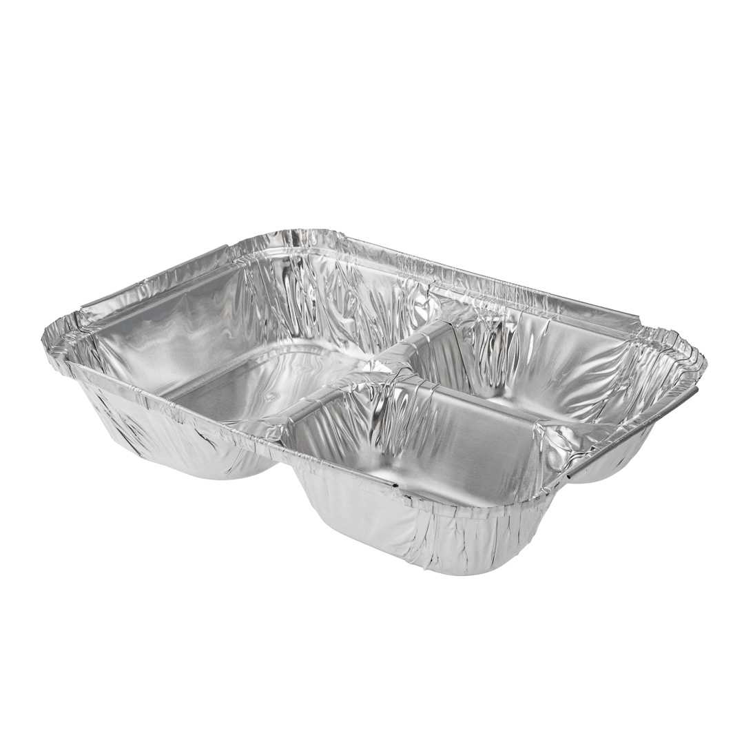 Foil Lux 23 oz Rectangle Silver Aluminum Take Out Tray - with Lid, 3-Compartment - 8 1/2" x 6 1/2" x 1 3/4" - 100 count box