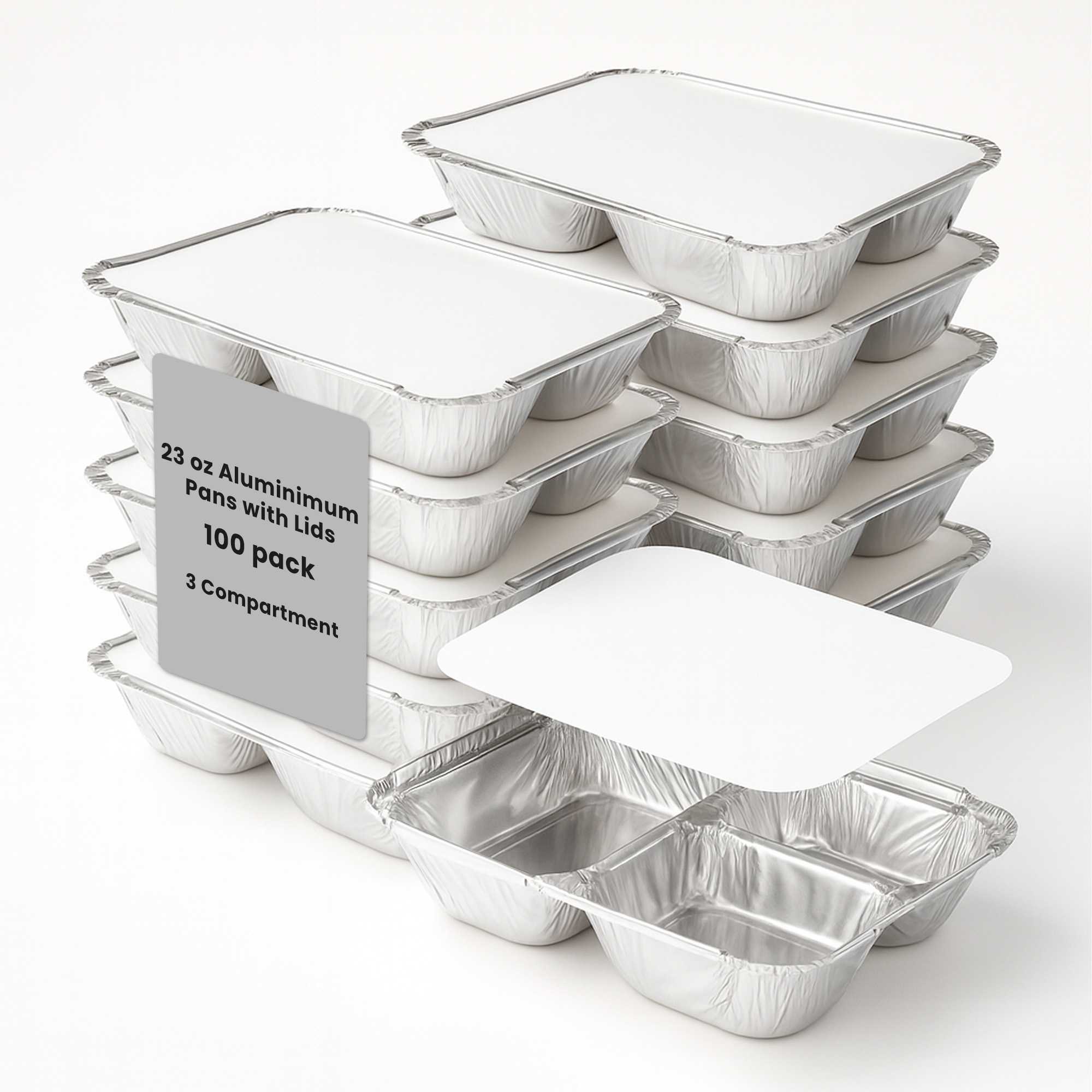Foil Lux 23 oz Rectangle Silver Aluminum Take Out Tray - with Lid, 3-Compartment - 8 1/2" x 6 1/2" x 1 3/4" - 100 count box