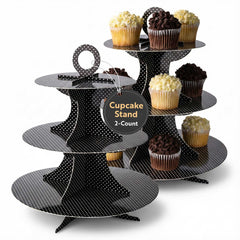 Pastry Tek Black Cardboard Cupcake Stand - 3-Tier, White Polka Dots - 13 1/2