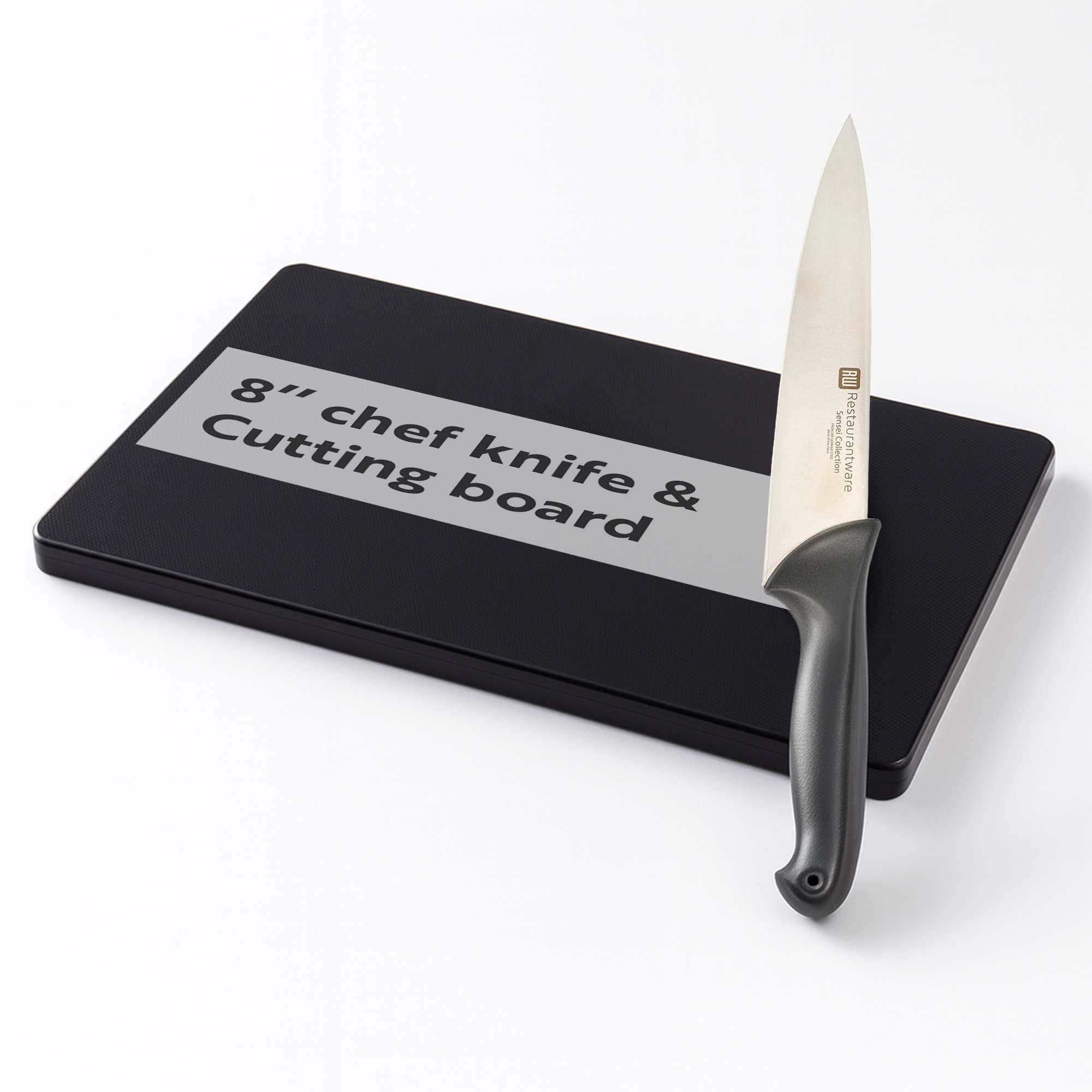 Sensei 1 German Steel 8" Chef's Knife and 1 Bar Lux Black Plastic Cutting Board - 6" x 9 3/4"