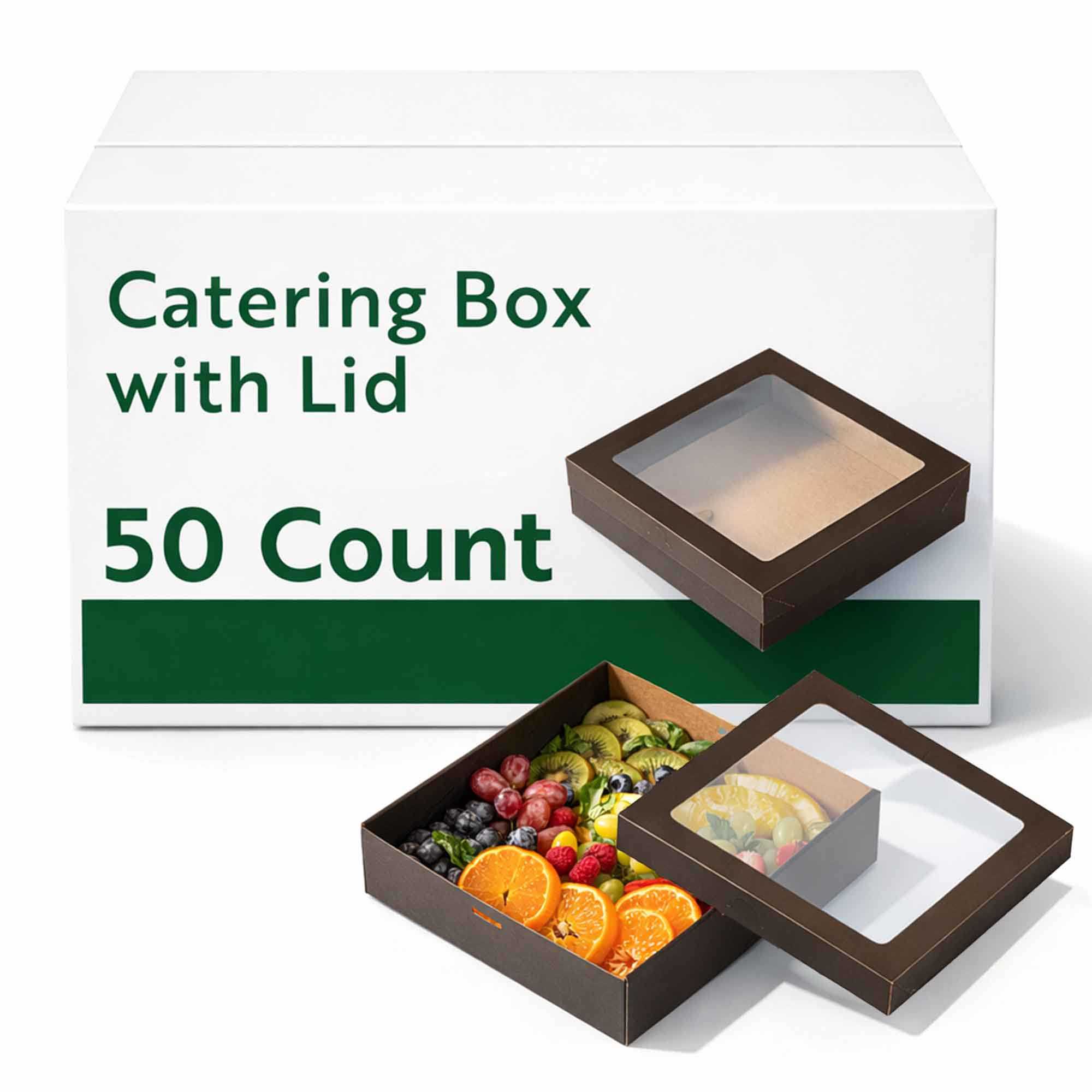 Cater Tek Square Black Paper Catering Box - with Window Lid - 9" x 9" x 2 1/4" - 50 count box