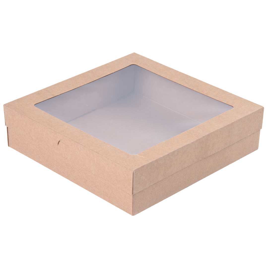 Cater Tek Square Kraft Paper Catering Box - with Window Lid - 9" x 9" x 2 1/4" - 50 count box