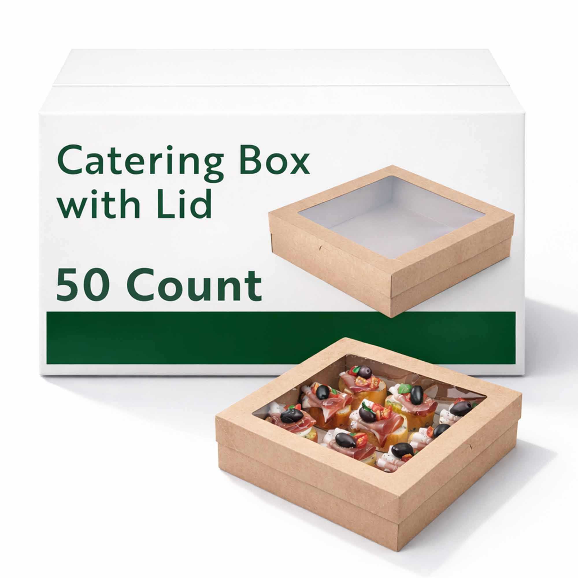 Cater Tek Square Kraft Paper Catering Box - with Window Lid - 9" x 9" x 2 1/4" - 50 count box