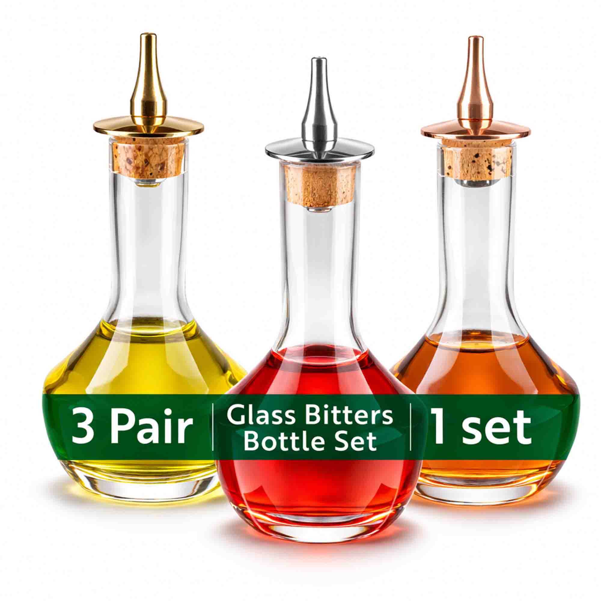 Bar Lux 3-Piece 4 oz Glass Modern Style Bitters Bottle Set - Silver-, Copper-, Gold-Plated Dasher - 5 3/4" x 2 3/4" x 2 3/4" - 1 count box