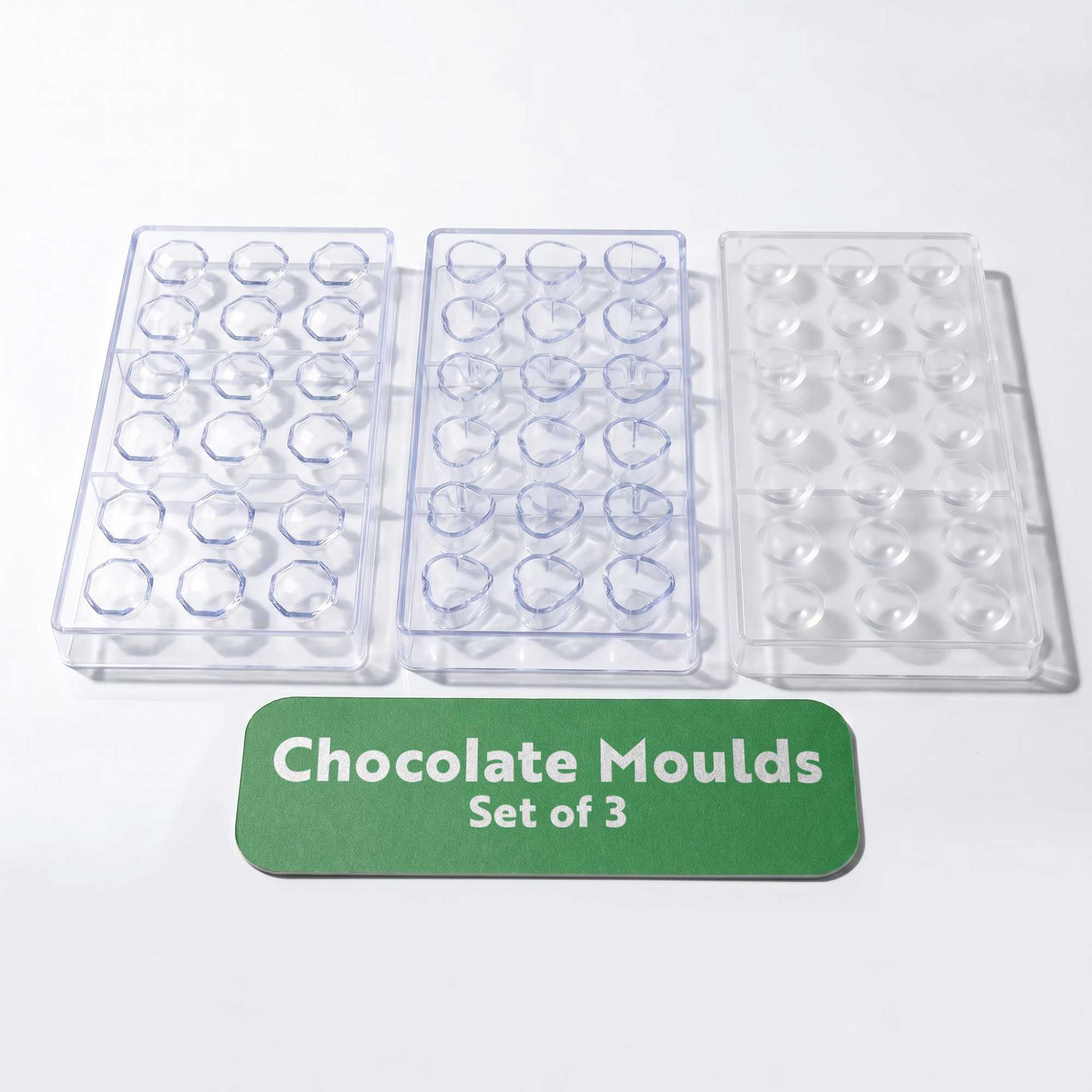 Pastry Tek Assorted Polycarbonate Candy / Chocolate Mold Set - Half Sphere, Berry, and Diamond, 21 Compartments - 1 count box