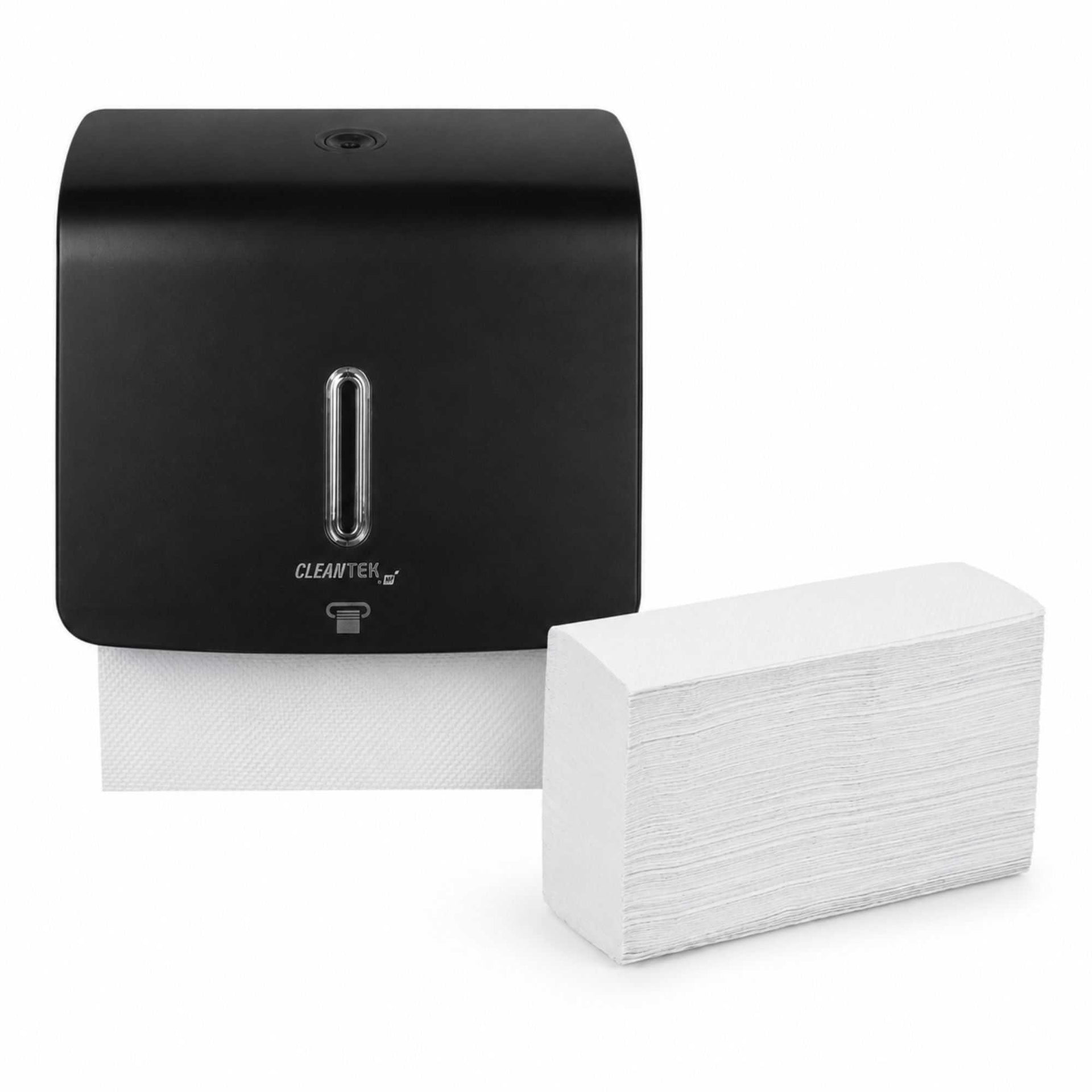 Clean Tek Professional Black Plastic M-Fold Paper Towel Dispenser - with 250 M-Fold Paper Towels - 10 3/4" x 3 1/2" x 8 3/4" - 1 count box