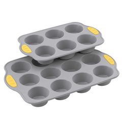 Pastry Tek 2-Piece Gray Silicone Muffin / Cupcake Pan Set - 6 Compartments, 12 Compartments - Non-Stick, with Handles - 1 count box
