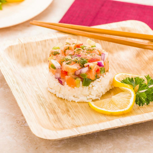 Rice and vegetable on bamboo plate