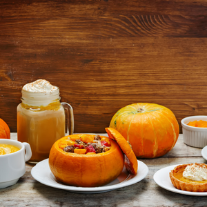 Pumpkin dishes on table