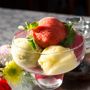 Yellow and red sorbet in cup