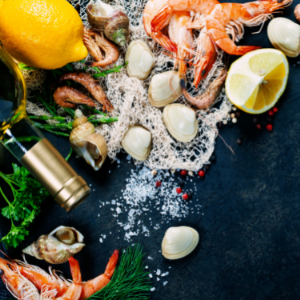 Variety of seafood laid out