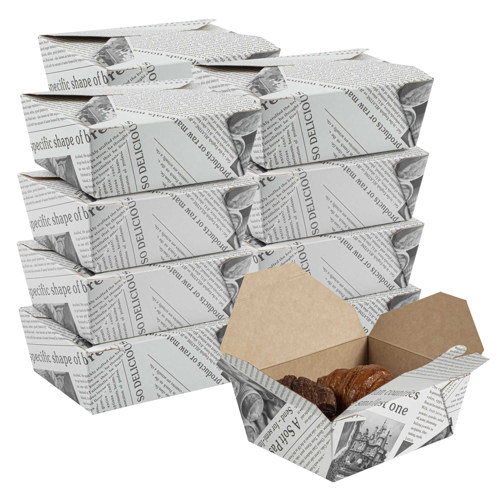 Bio Tek 45 oz Rectangle Newsprint Paper #8 Bio Box Take Out Container - 6 3/4" x 5 1/2" x 2 1/2" - 50 count box