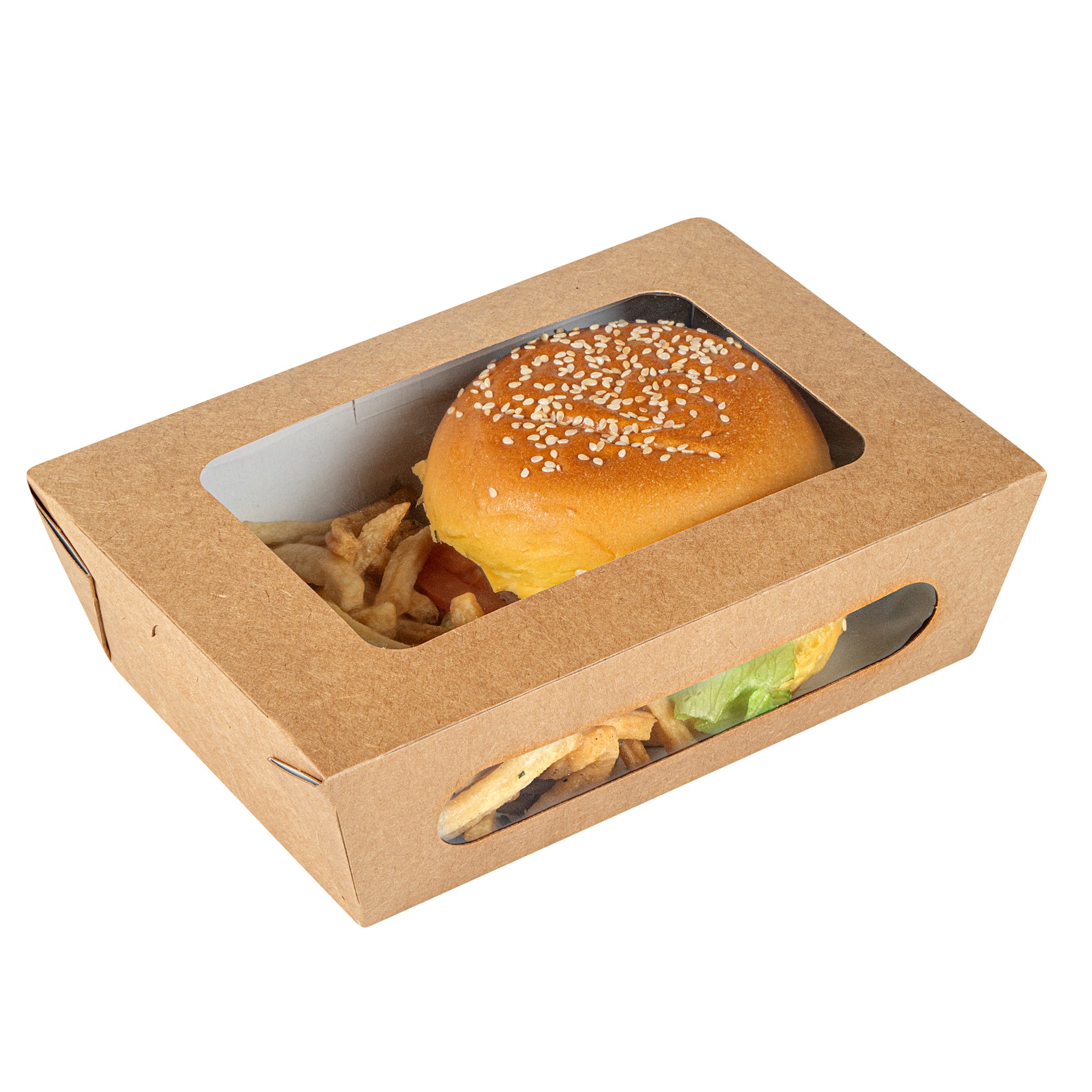 Cafe Vision 57 oz Rectangle Kraft Paper Extra Large Bio Take Out Container - Two Windows - 8" x 5 1/2" x 2 1/2" - 200 count box