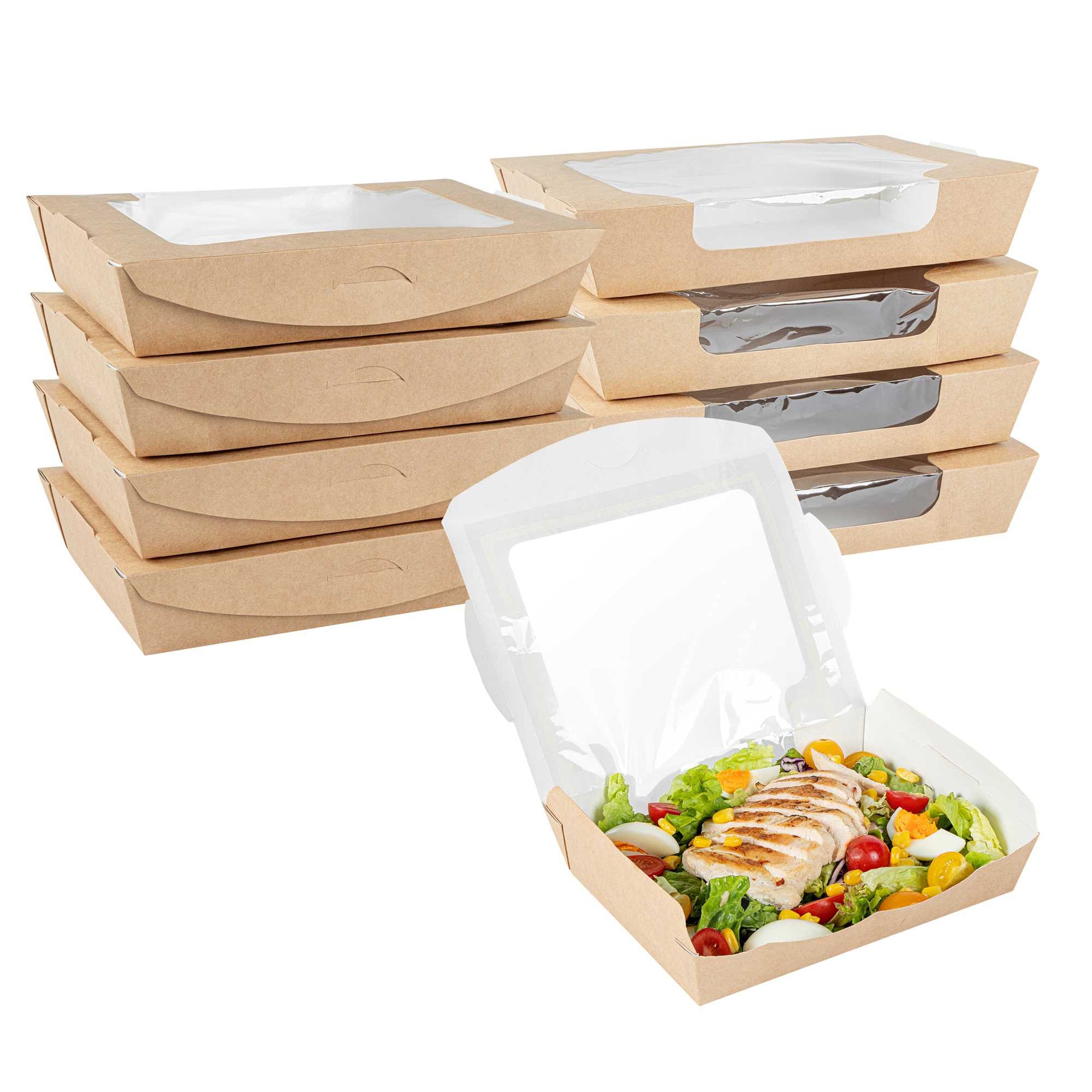 Cafe Vision 40 oz Rectangle Kraft Paper Large Bio Salad Box - 8 1/4" x 6 1/4" x 1 1/2" - 200 count box