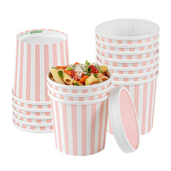 Bio Tek 12 oz Round Pink and White Stripe Paper Soup Container - 3 1/2