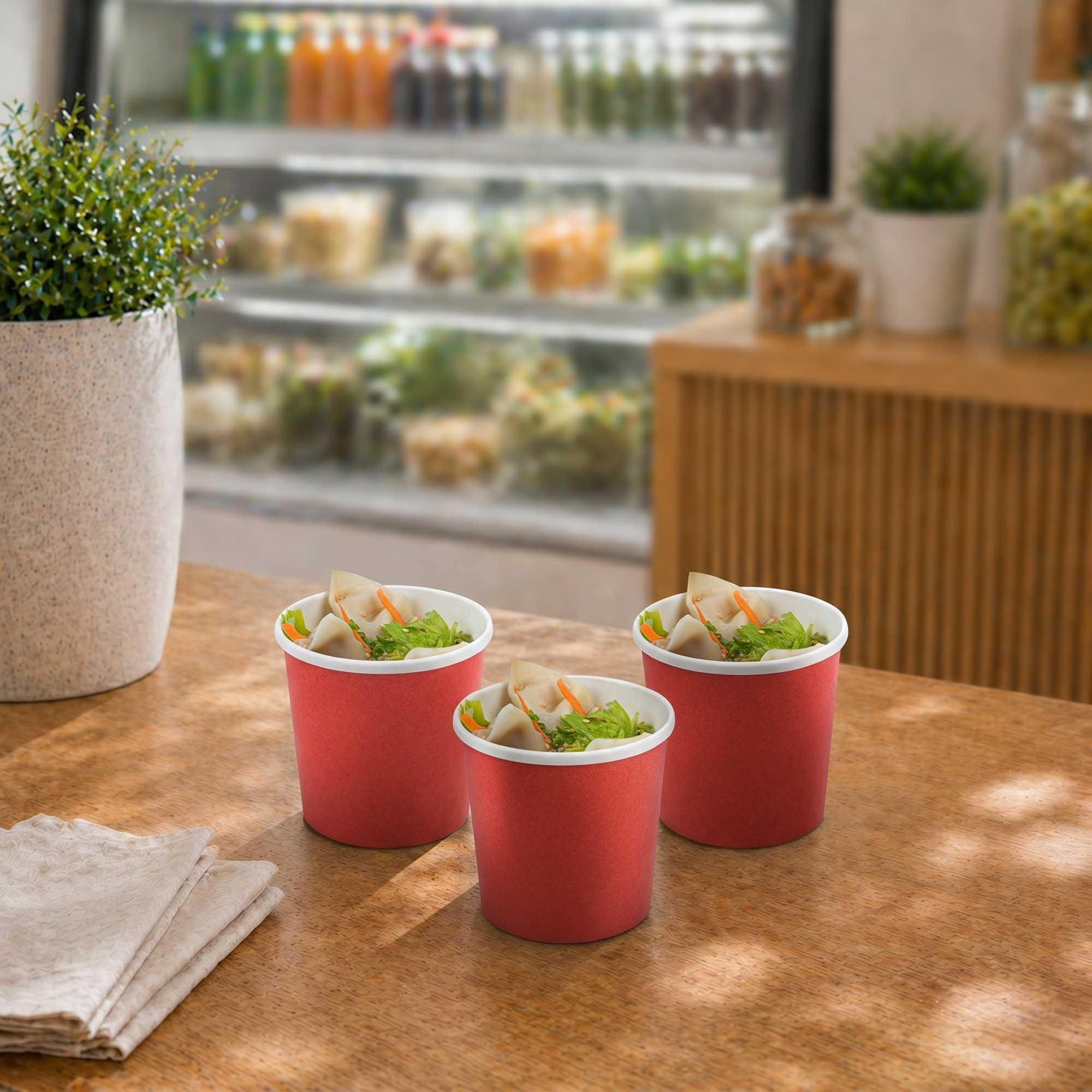 Bio Tek 12 oz Round Red Paper Soup Container - 3 1/2" x 3 1/2" x 3 1/2" - 25 count box