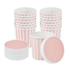 Bio Tek Round Pink and White Stripe Paper Soup Container Lid - Fits 12 oz - 200 count box