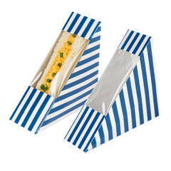 Cafe Vision Triangle Blue and White Stripe Paper Small Sandwich Box - 4 3/4