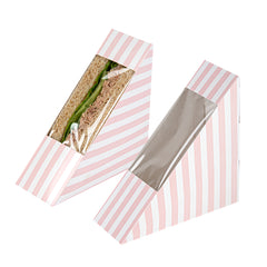Cafe Vision Triangle Pink and White Stripe Paper Small Sandwich Box - 4 3/4