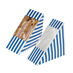 Cafe Vision Triangle Blue and White Stripe Paper Medium Sandwich Box - 4 3/4