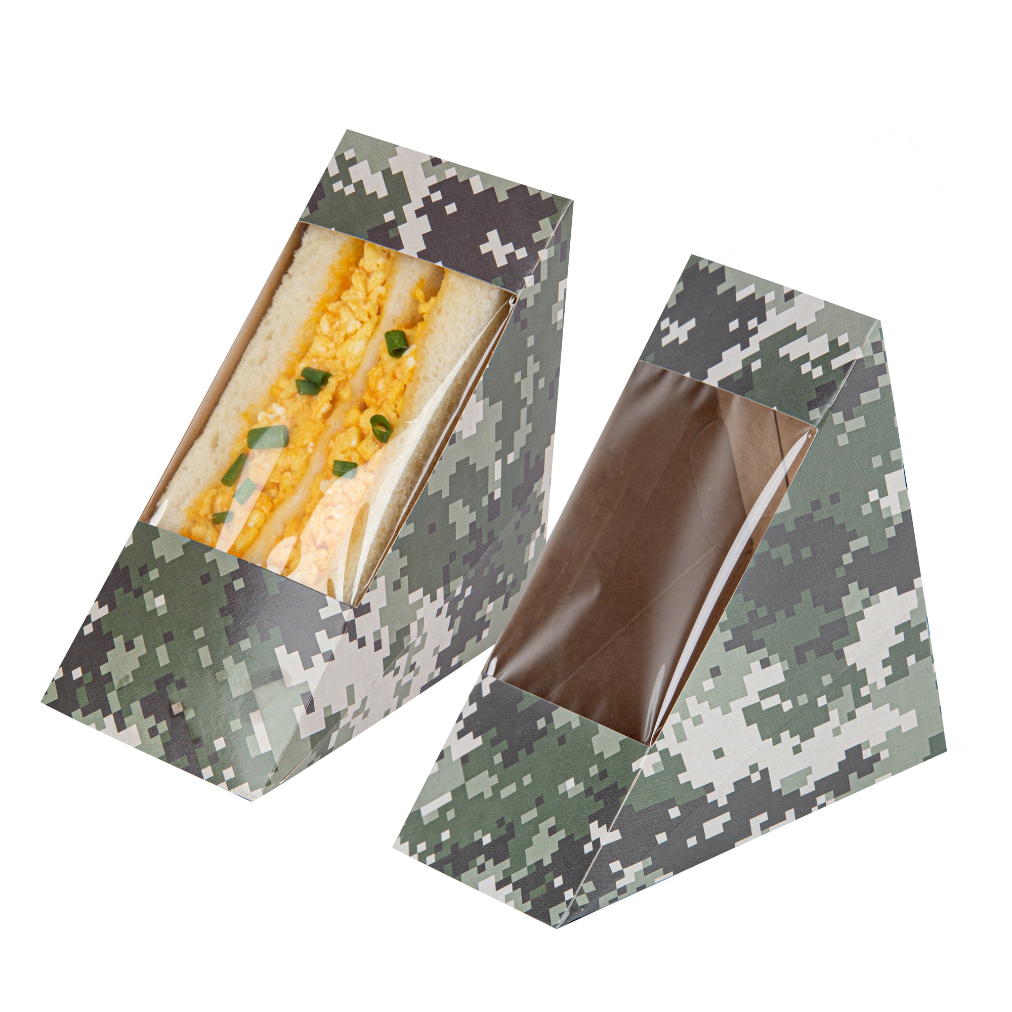 Cafe Vision Triangle Camouflage Paper Medium Sandwich Box - 4 3/4" x 4 3/4" x 2 3/4" - 25 count box