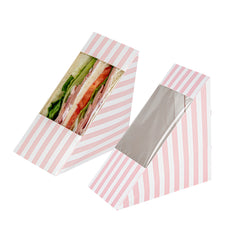 Cafe Vision Triangle Pink and White Stripe Paper Medium Sandwich Box - 4 3/4