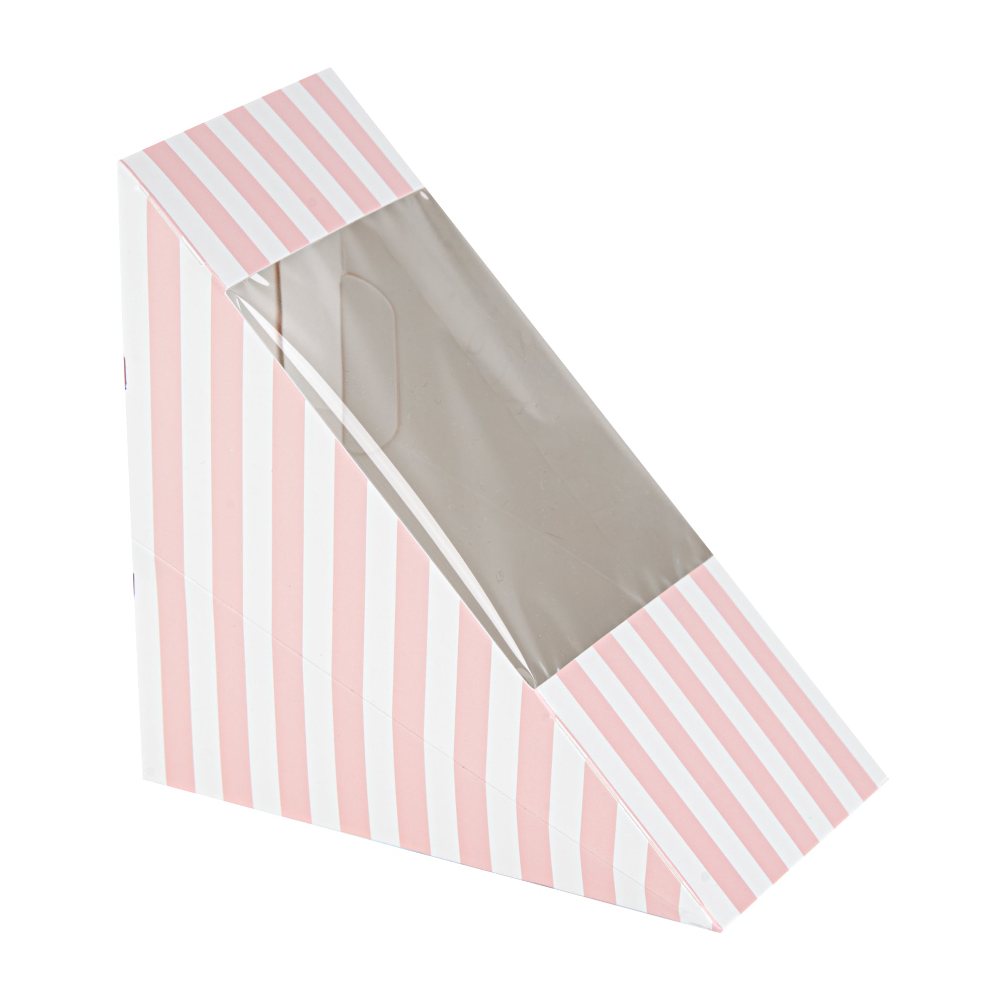 Cafe Vision Triangle Pink and White Stripe Paper Medium Sandwich Box - 4 3/4" x 4 3/4" x 2 3/4" - 25 count box