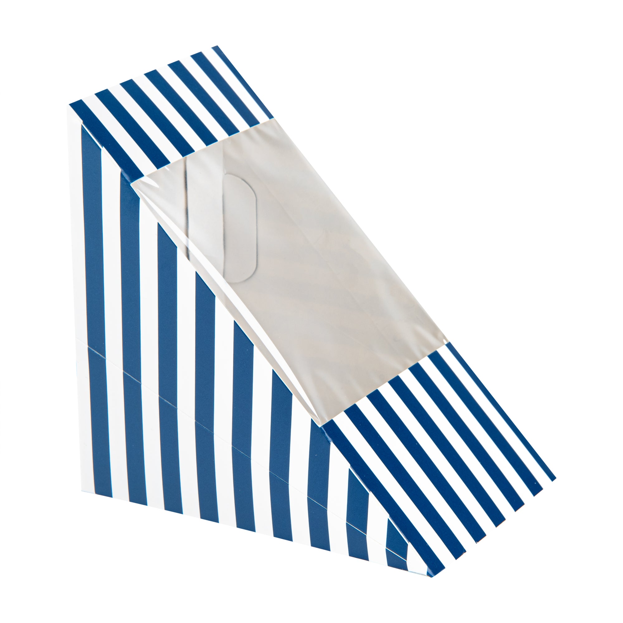 Cafe Vision Triangle Blue and White Stripe Paper Large Sandwich Box - 4 3/4" x 4 3/4" x 3 1/4" - 25 count box