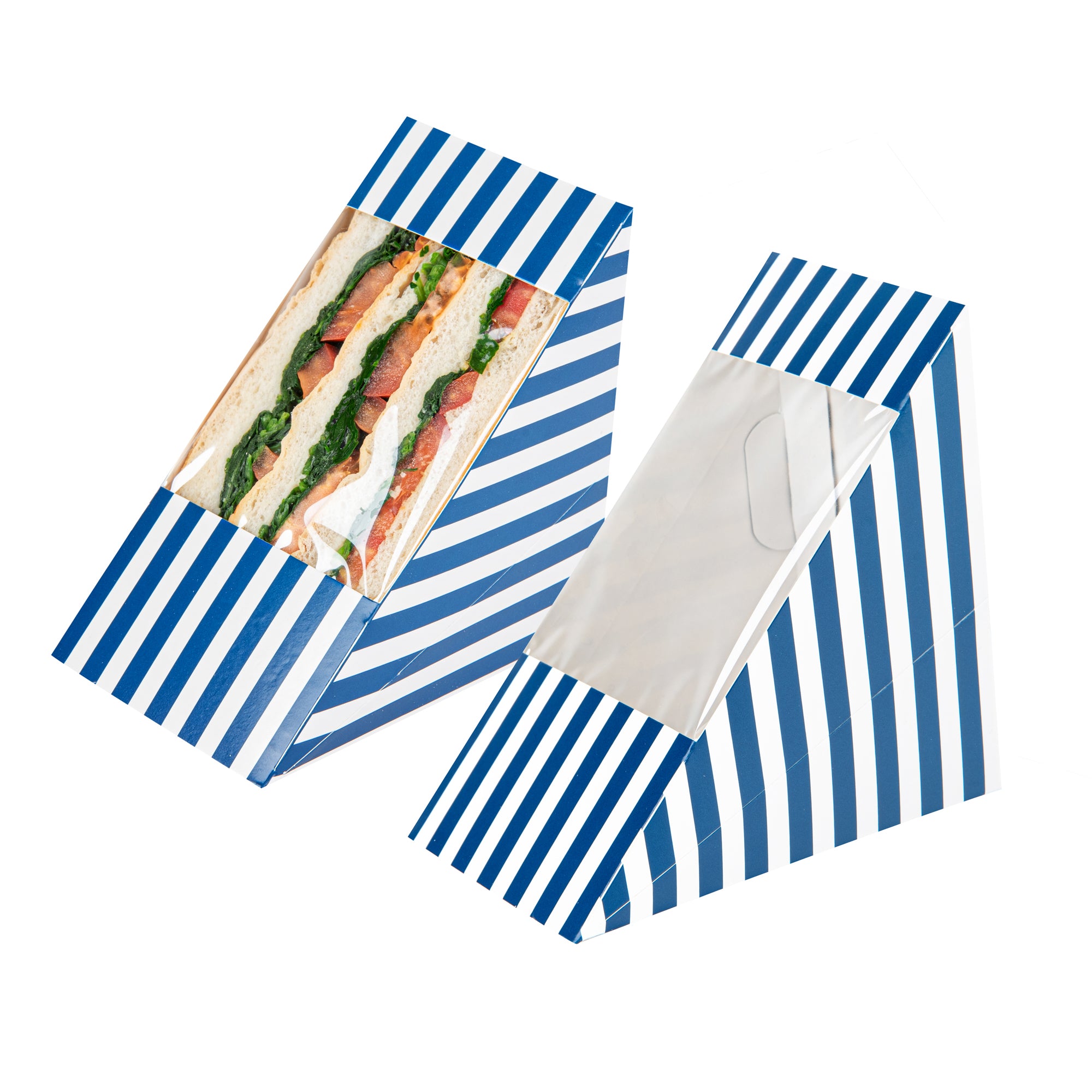 Cafe Vision Triangle Blue and White Stripe Paper Large Sandwich Box - 4 3/4" x 4 3/4" x 3 1/4" - 25 count box