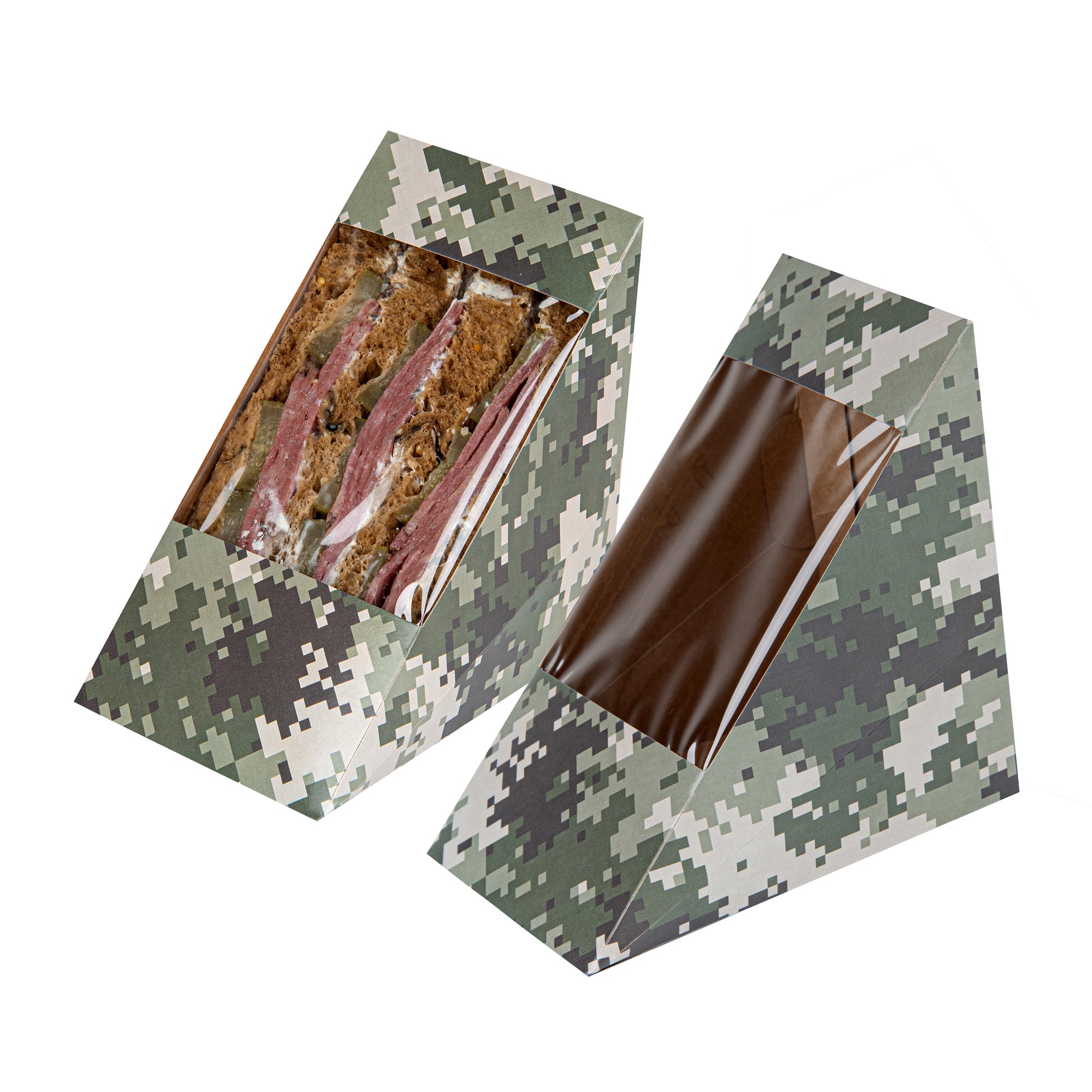 Cafe Vision Triangle Camouflage Paper Large Sandwich Box - 4 3/4" x 4 3/4" x 3 1/4" - 25 count box