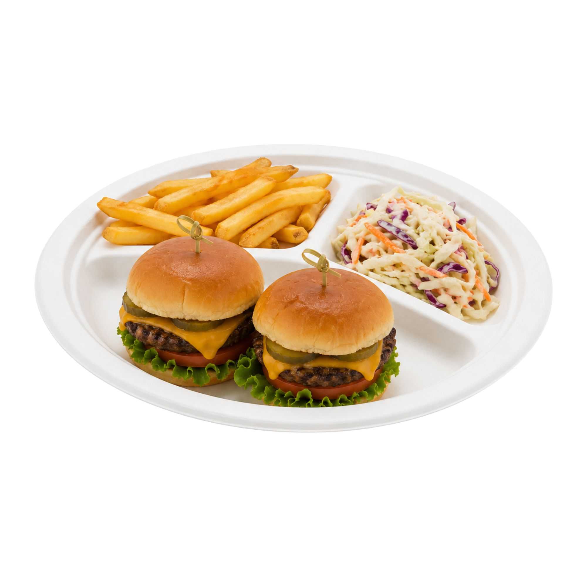 Pulp Tek Round White Sugarcane / Bagasse Plate - 3-Compartment - 10 1/4" x 10 1/4" x 1" - 400 count box