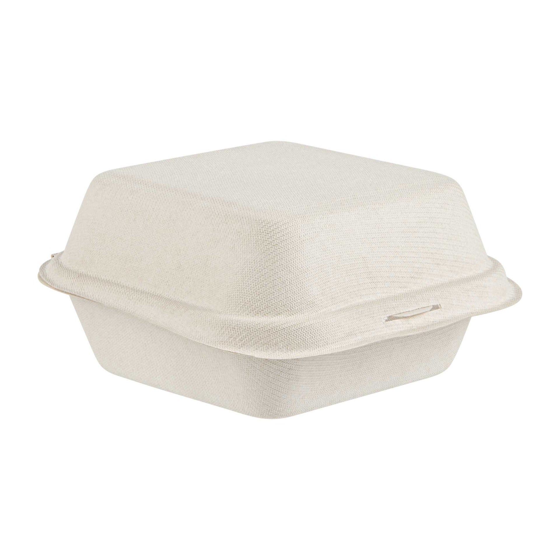 Pulp Tek 15 oz Square White Sugarcane / Bagasse Clamshell Container - 6" x 6" x 3" - 100 count box