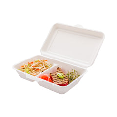 Pulp Tek 34 oz Rectangle White Sugarcane / Bagasse Clamshell Container - 2-Compartment - 9 1/2