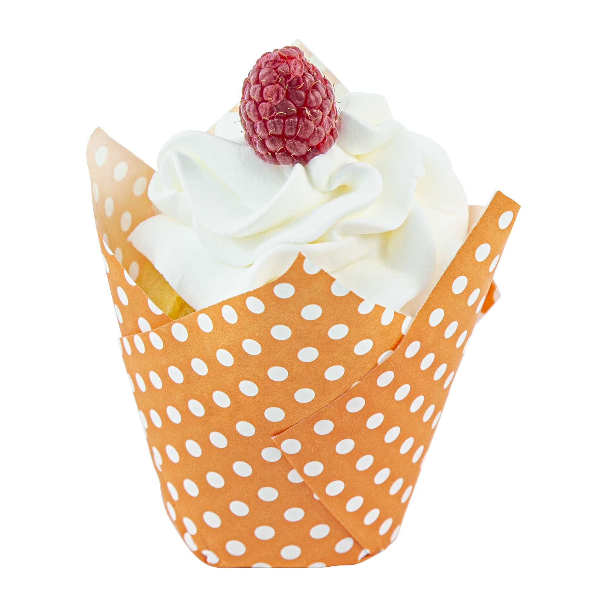 Panificio 2 oz Tulip Polka-Dotted Hot Orange Paper Tall Baking Cup - 3 1/4" x 3 1/4" x 3 1/2" - 200 count box