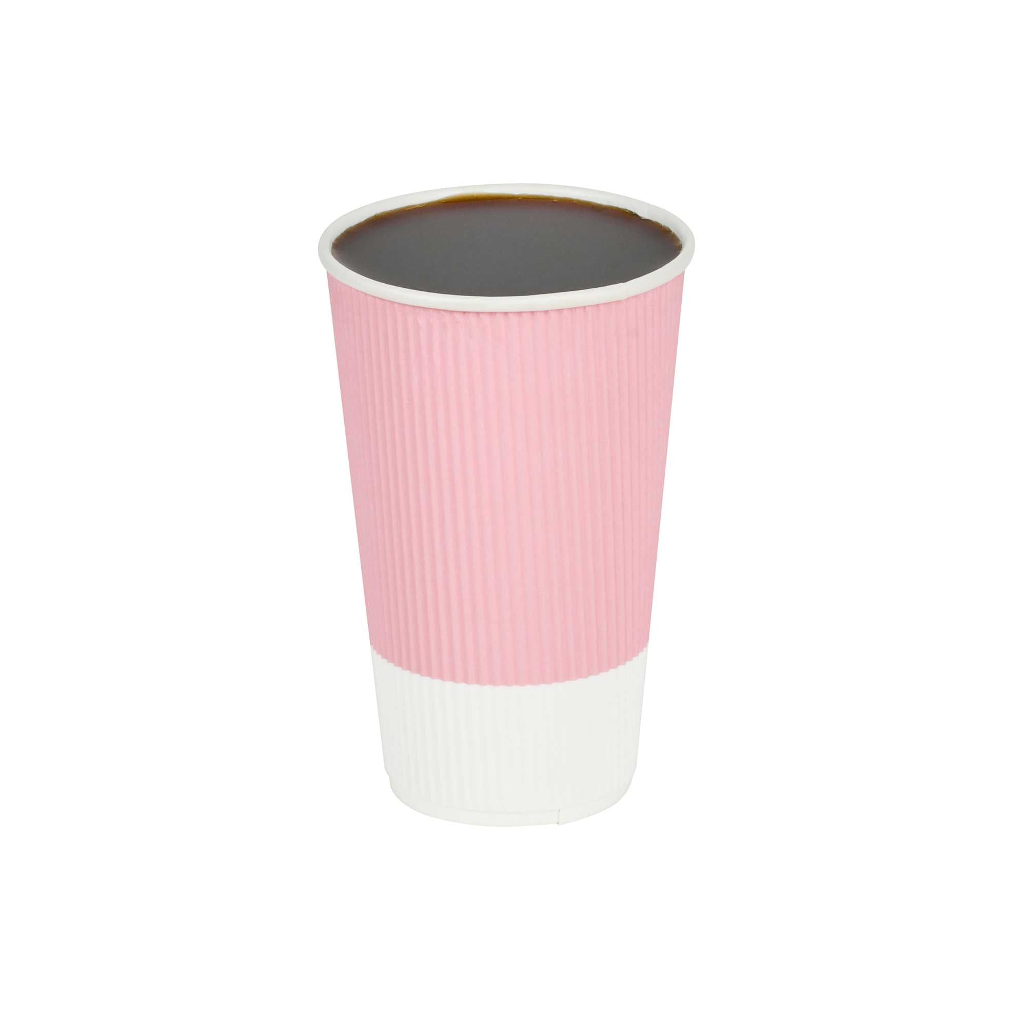 16 oz Light Pink Paper Coffee Cup - Ripple Wall - 3 1/2" x 3 1/2" x 5 1/2" - 25 count box