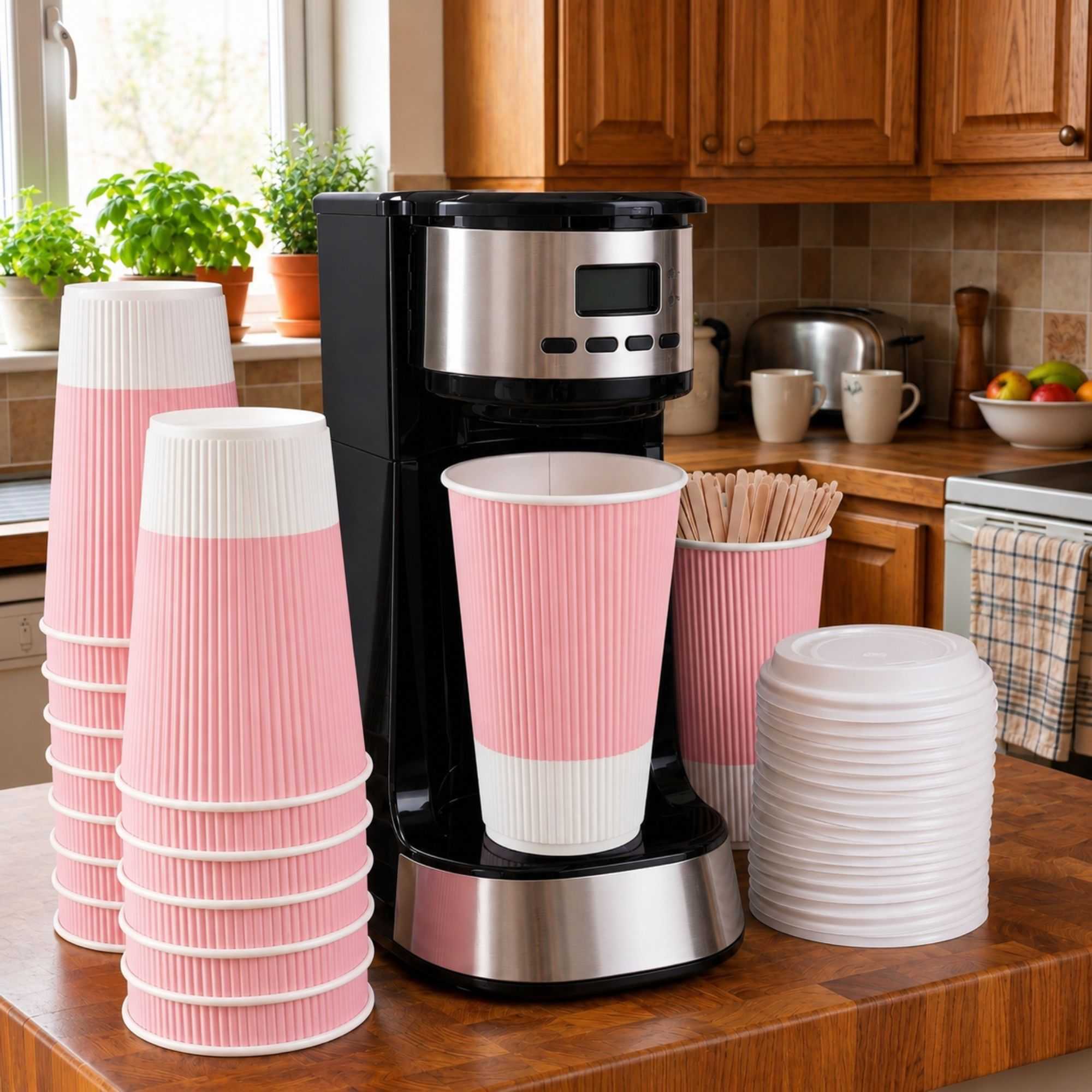 Restpresso 16 oz Light Pink Paper Coffee Cup - Ripple Wall - 3 1/2" x 3 1/2" x 5 1/2" - 25 count box