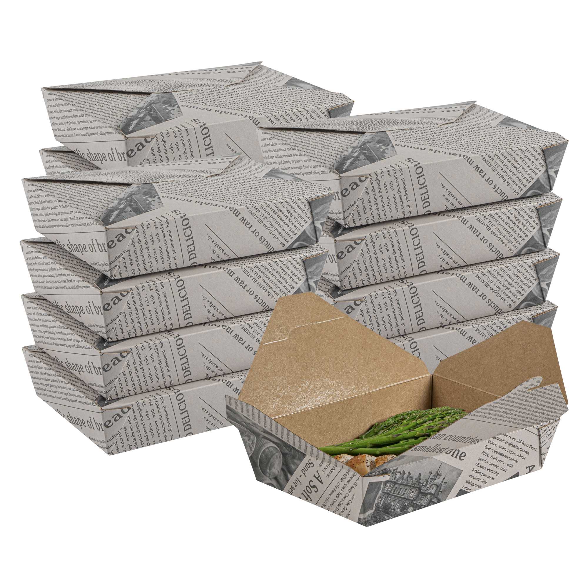 Bio Tek 49 oz Rectangle Newsprint Paper #2 Bio Box Take Out Container - 8 1/2" x 6 1/4" x 2" - 200 count box