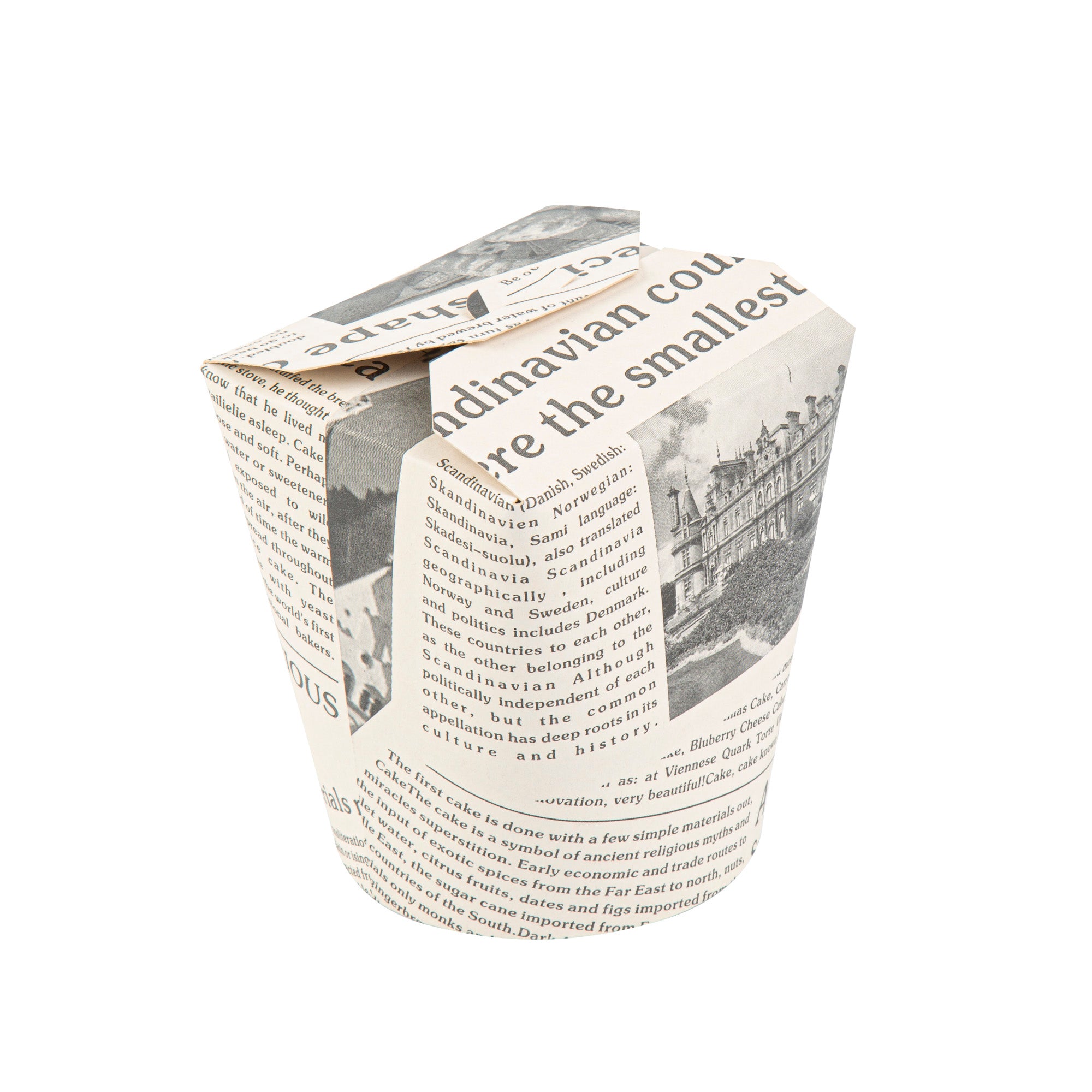 Bio Tek 32 oz Round Newsprint Paper Noodle Take Out Container - 4" x 3 1/2" x 4 1/2" - 200 count box