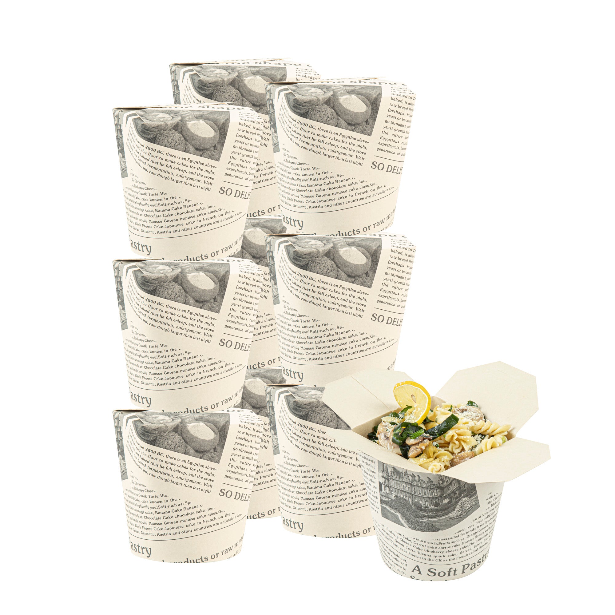 Bio Tek 32 oz Round Newsprint Paper Noodle Take Out Container - 4" x 3 1/2" x 4 1/2" - 200 count box