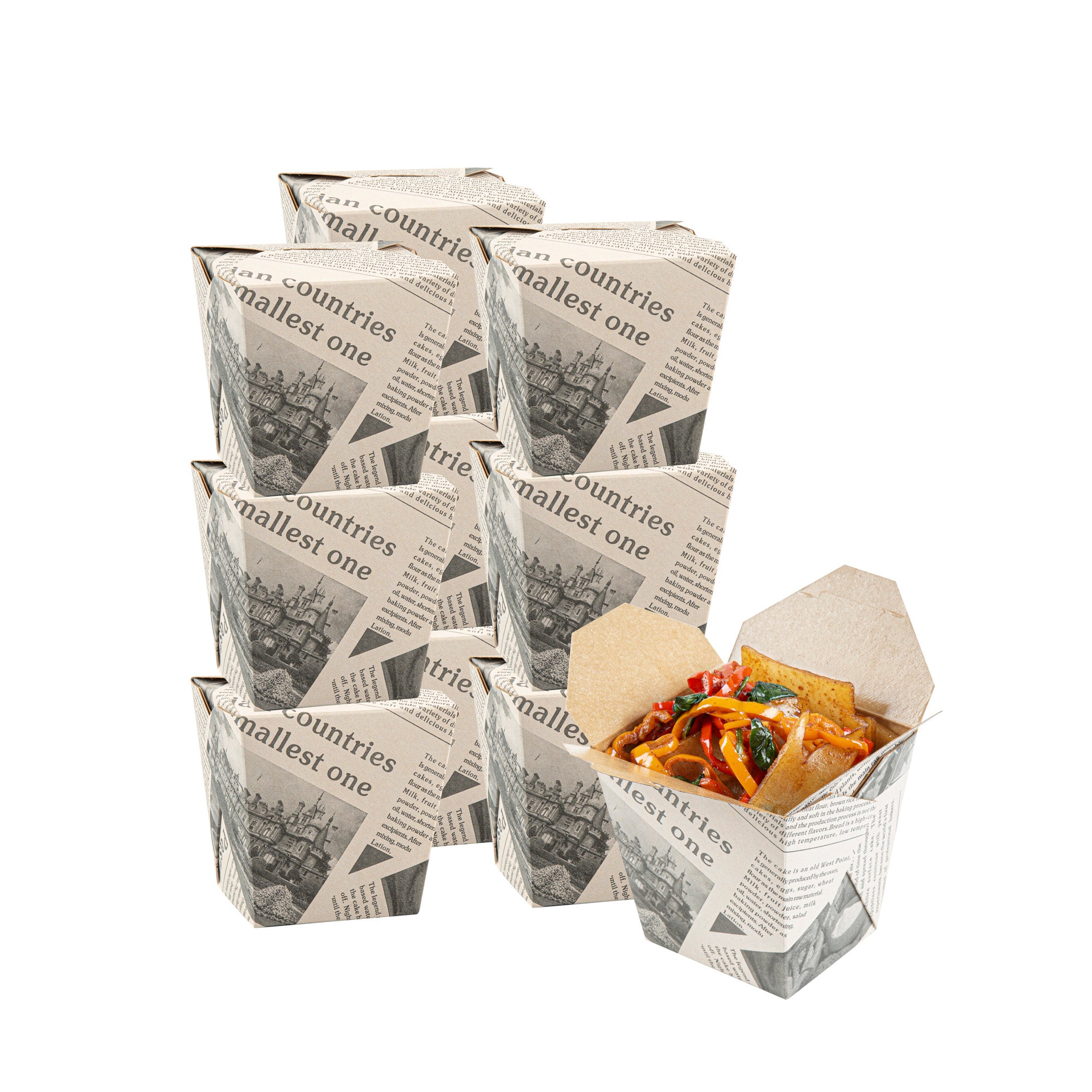 Bio Tek 26 oz Square Newsprint Paper Noodle Take Out Container - 4" x 3 1/2" x 4" - 200 count box