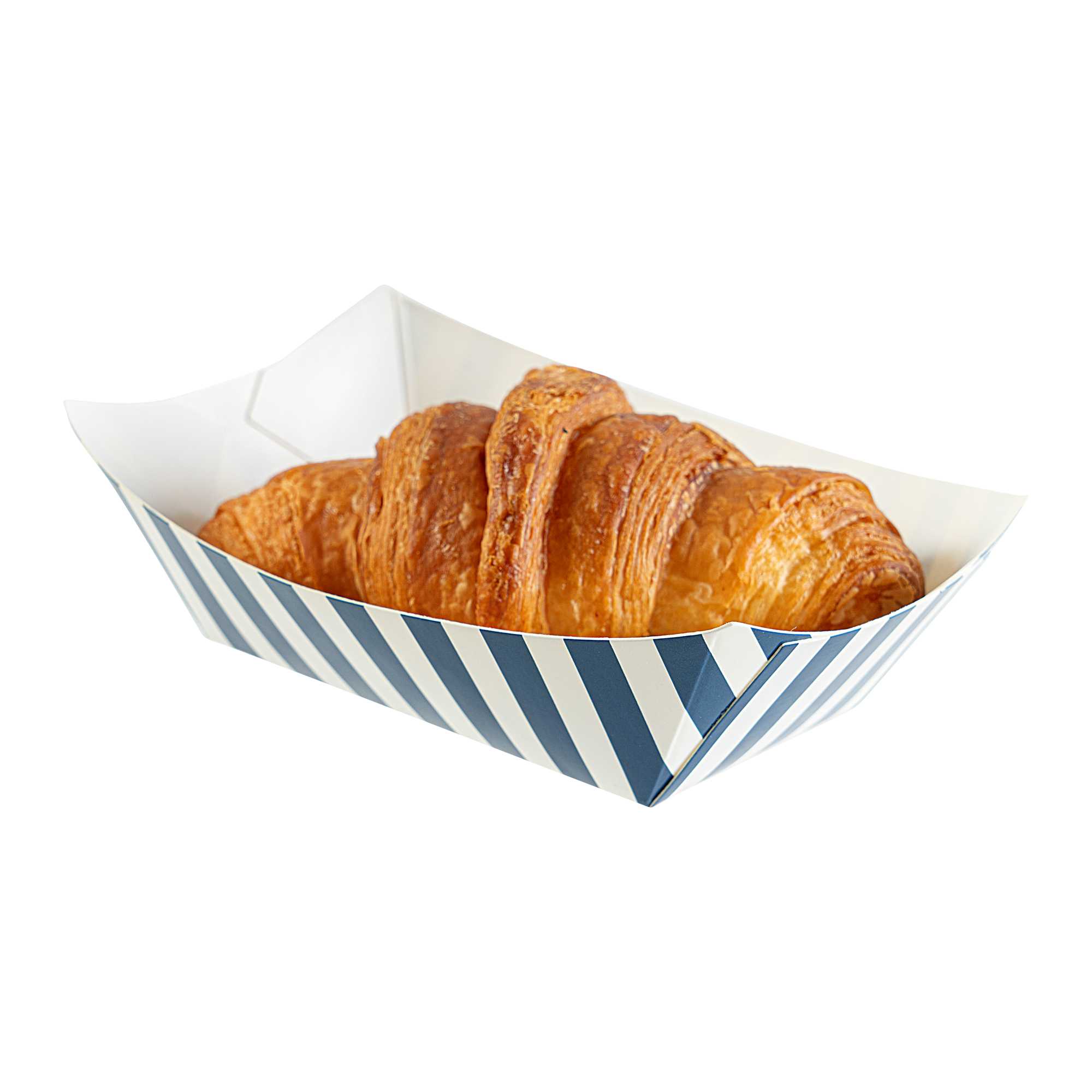 Bio Tek 6 oz Blue and White Stripe Paper #40 Food Tray / Boat - 3 1/4" x 2" x 1 1/2" - 400 count box