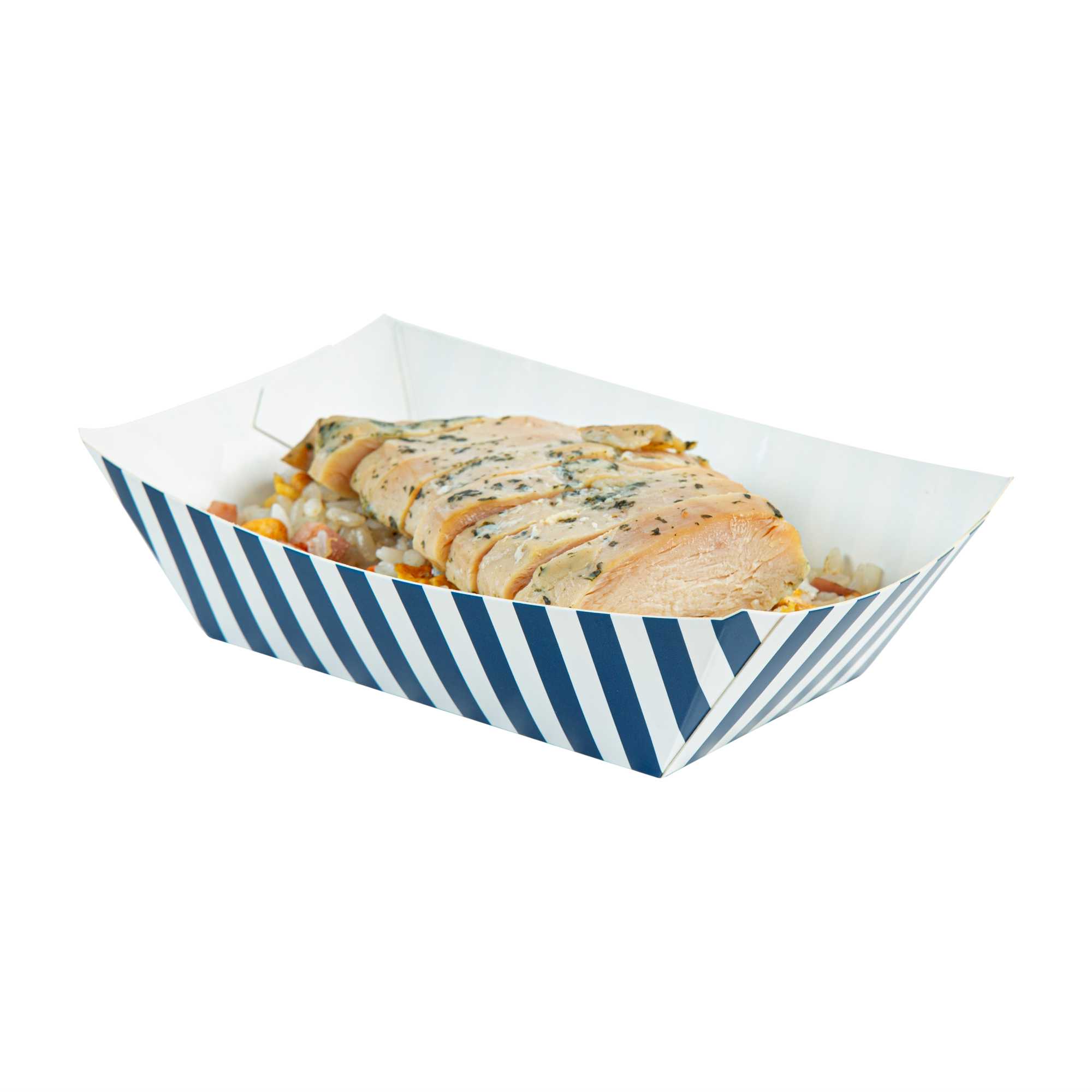 Bio Tek 1/2 lb Blue and White Stripe Paper #50 Food Tray / Boat - 4 1/4" x 2 3/4" x 1 1/2" - 400 count box