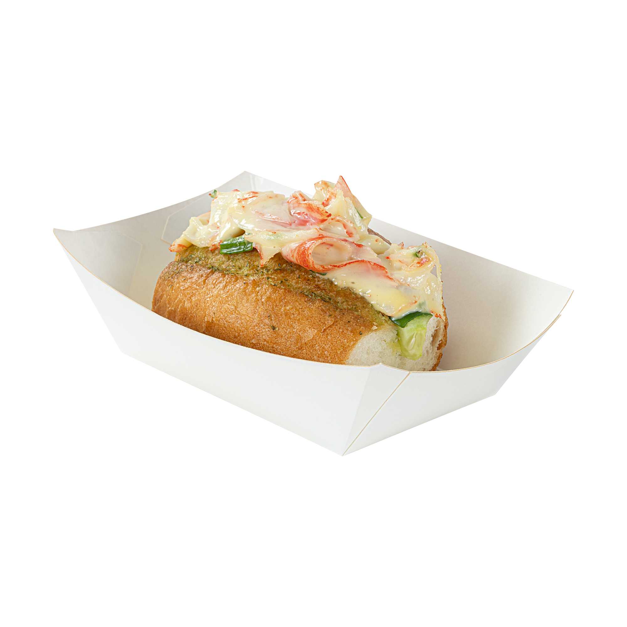 Bio Tek 1/2 lb White Paper #50 Food Tray / Boat - 4 1/4" x 2 3/4" x 1 1/2" - 400 count box