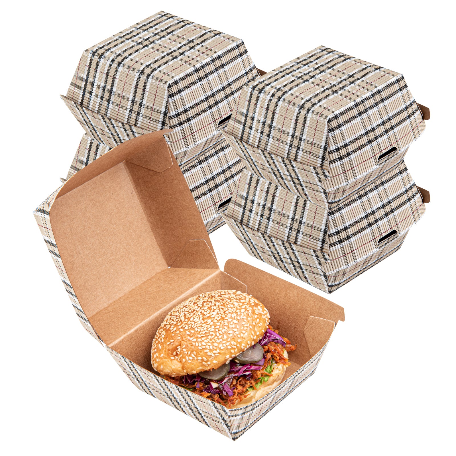 Bio Tek Plaid Paper Burger Box - Ripple Wall - 4" x 4" x 3 3/4" - 100 count box