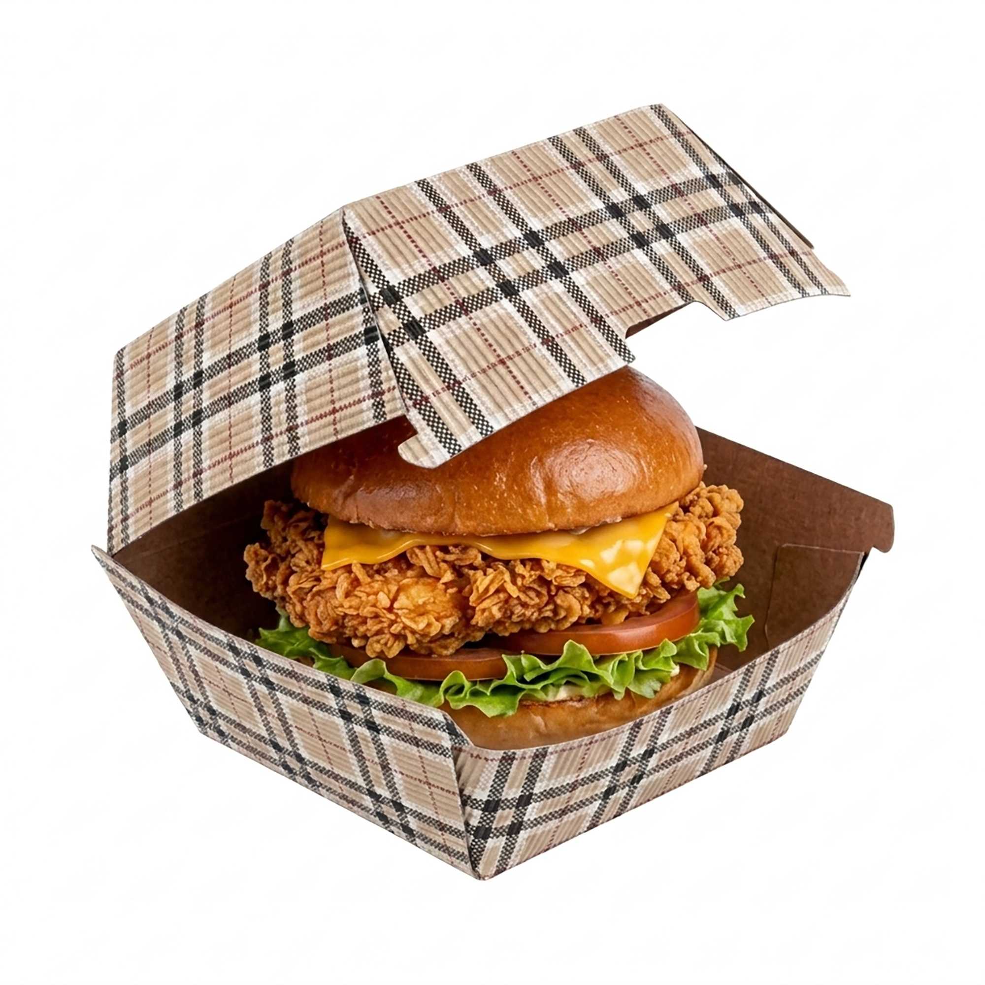 Bio Tek Plaid Paper Burger Box - Ripple Wall - 4" x 4" x 3 3/4" - 100 count box